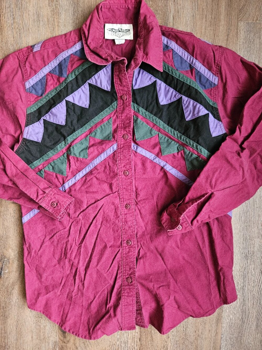 VTG San Angelo Collection Western Shirt M Applique Aztec Geometric Maroon Cotton